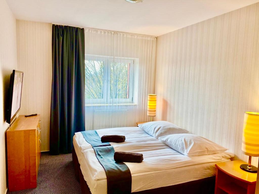 a bedroom with a large bed and a window at Słupsk forest PREMIUM HOTEL BUSINESS APARTAMENT M7 - Kaszubska street 18 - Wifi Netflix Smart TV50 - two bedrooms two extra large double beds - up to 6 people full - pleasure quality stay in Słupsk