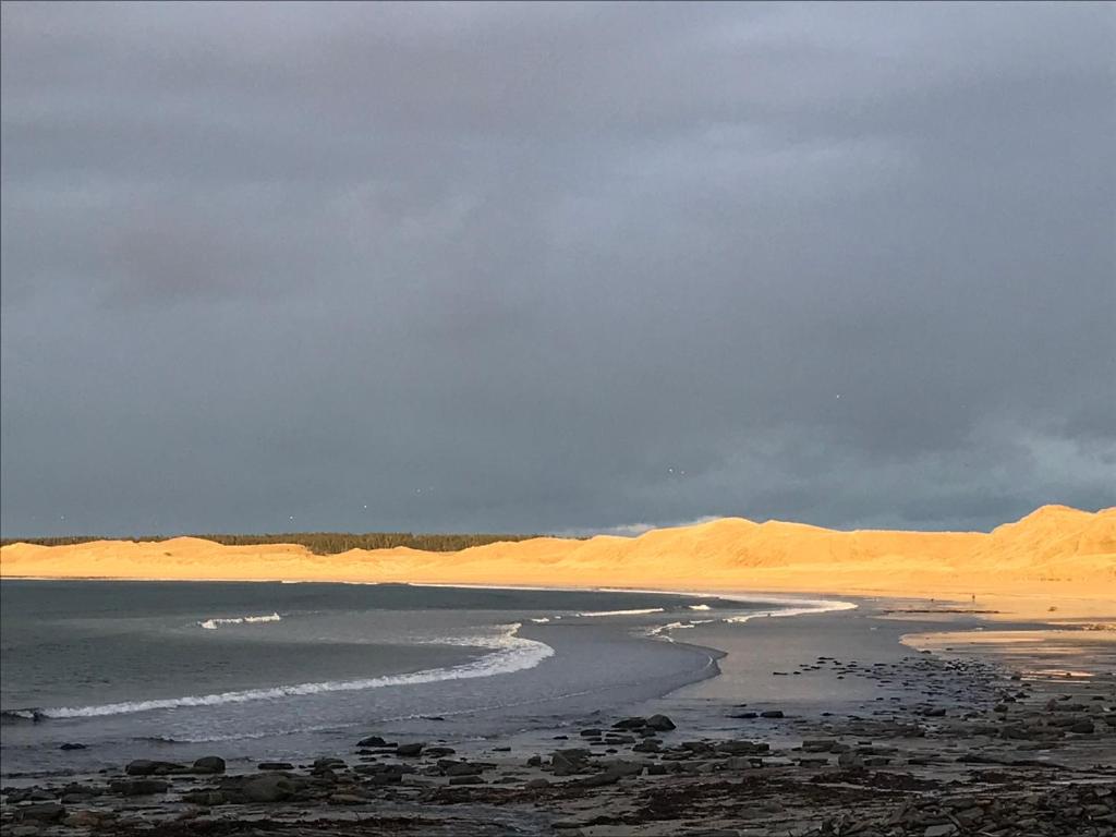 una spiaggia con dune di sabbia in lontananza e l'oceano di Dunes View, Cottage1, Dunnetbay accommodation a Castletown