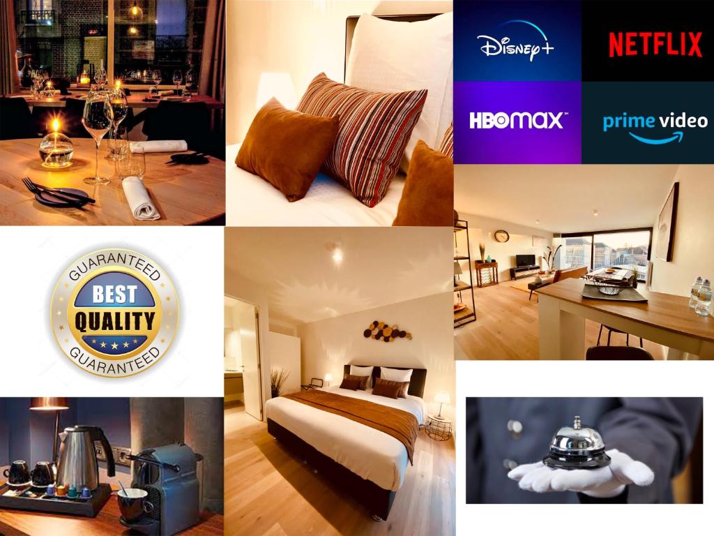 a collage of pictures of a hotel room at Luxury Apartment Mons City Center in Mons