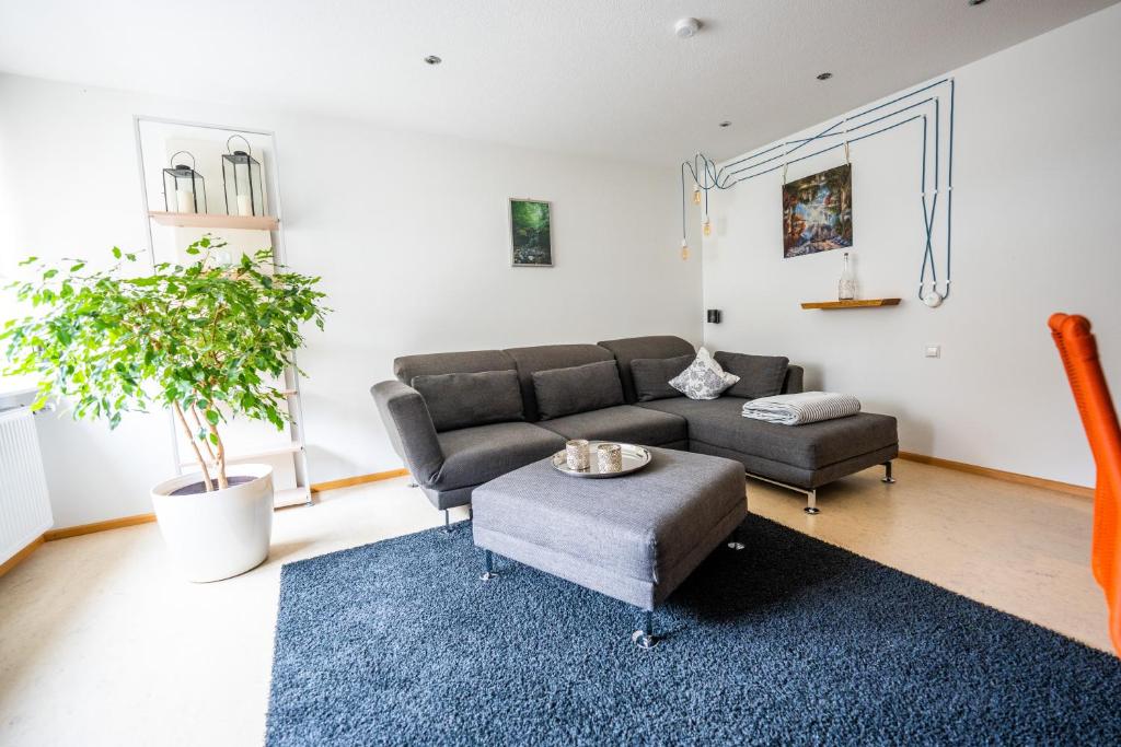 a living room with a couch and a table at Ländliche 2-Zimmer Wohnung in Bad Ditzenbach