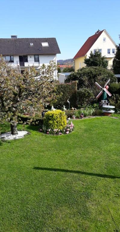 a green yard with a house and a tree at Gemütliche 3 Zimmer-Ferienwohnung in Langelsheim