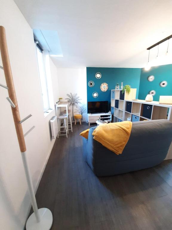 ein Wohnzimmer mit einem Sofa und einem Tisch in der Unterkunft charmant studio Beauvais proche centre, gare , et aéroport. in Beauvais