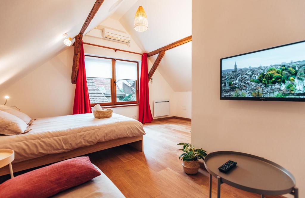 um quarto com uma cama e uma televisão na parede em Aux Cerfs des Vignes - L'annexe em Scherwiller