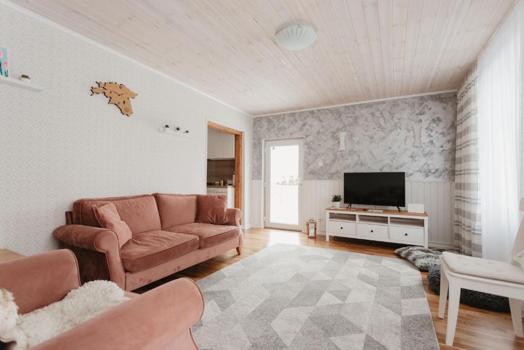 a living room with a couch and a tv at Vase Holiday Home in Tartu