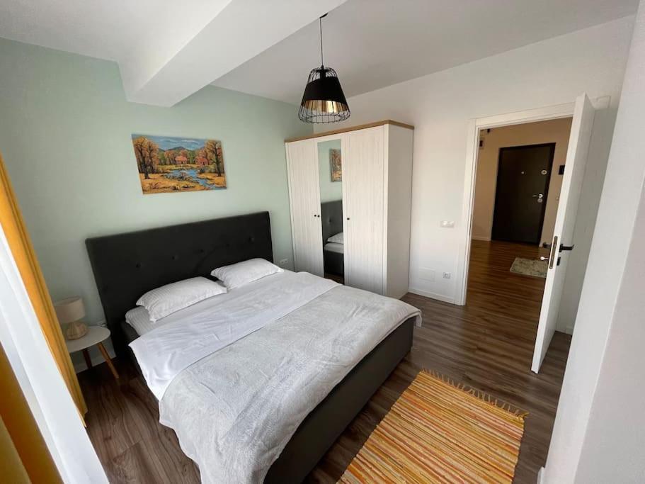 een slaapkamer met een groot bed in een kamer bij Spacemax in Baia Mare