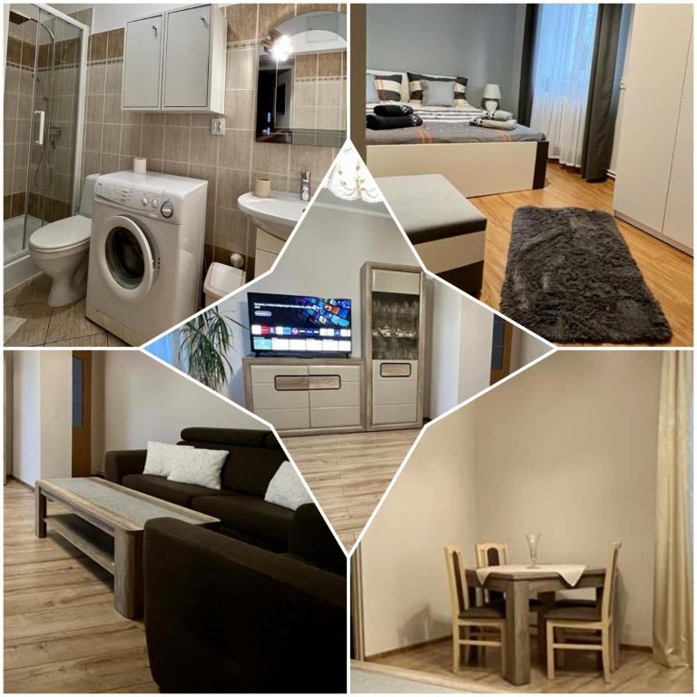 a collage of pictures of a kitchen and a living room at Apartament pod Góralką in Polanica-Zdrój