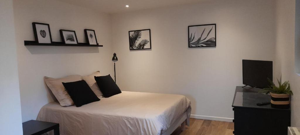 een slaapkamer met een bed en wat foto's aan de muur bij Studio avec jardin et stationnement gratuit à Rouen in Rouen