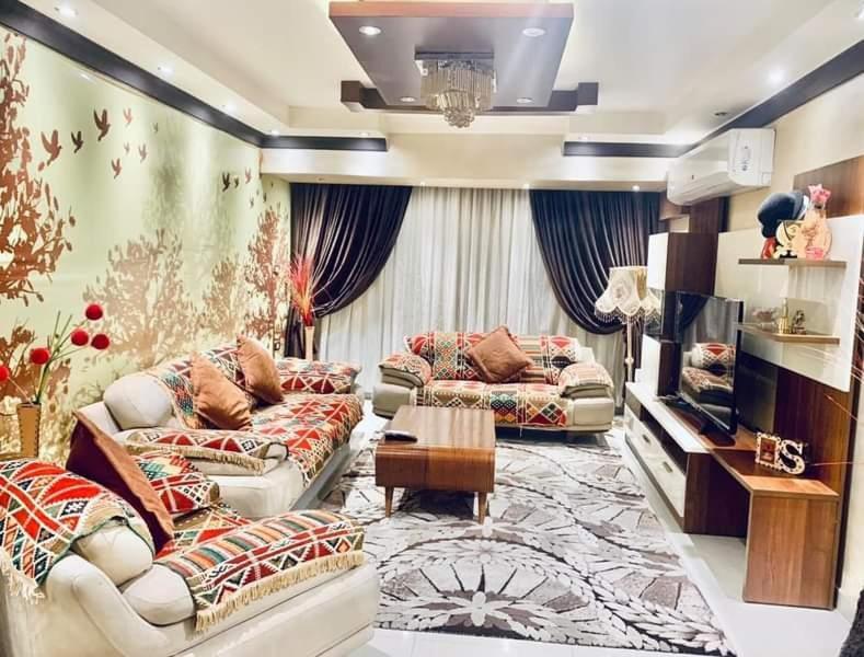 sala de estar con 2 sofás y TV en 17 ميدان اسوان, en El Cairo