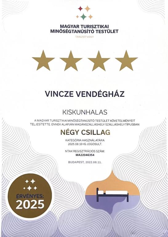 Certifikát, hodnocení, plakát nebo jiný dokument vystavený v ubytování Vincze Vendeghaz