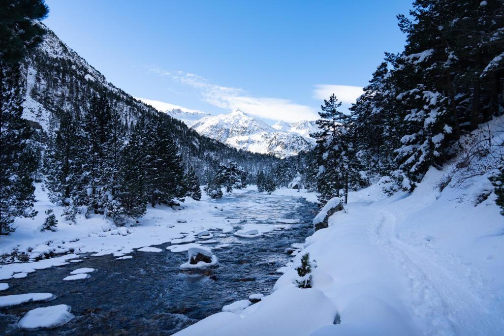 a river covered in snow with mountains in the background at Charmant T2, parking privé in Argelès-Gazost