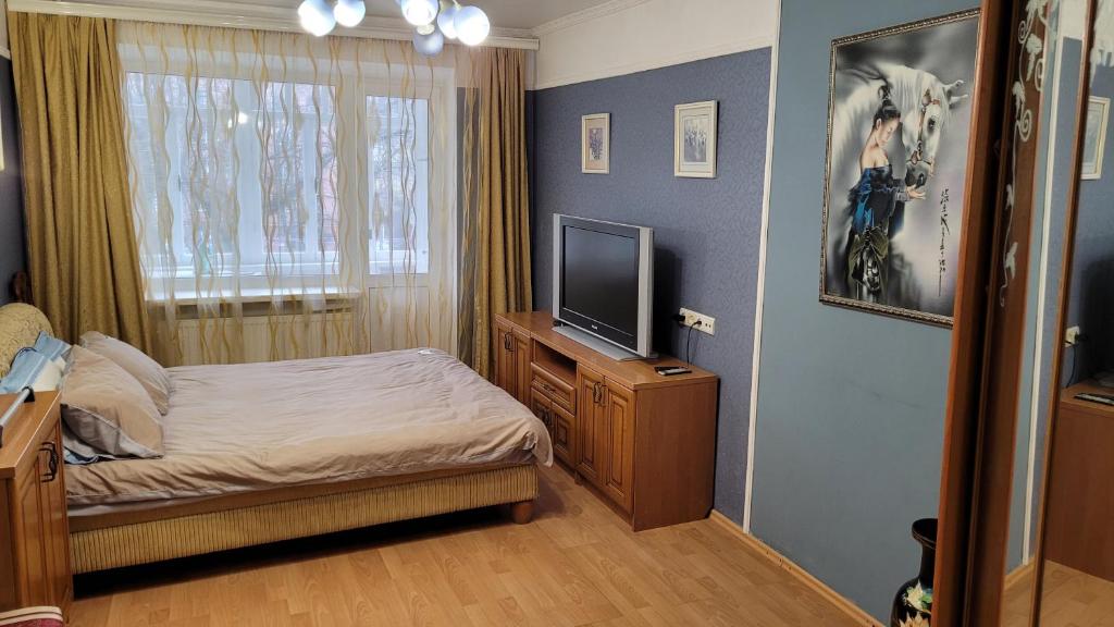 - une petite chambre avec un lit et une télévision dans l'établissement Апартаменти на Проспекті., à Khmelnytsky