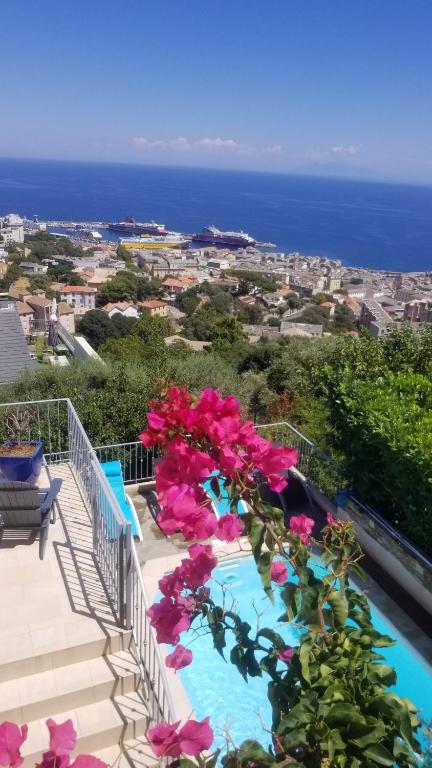 un balcón con flores rosas y vistas al océano. en Villa Patrizia en Bastia