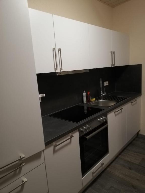 a kitchen with white cabinets and a sink at Haus Oldenburg in Lauterecken