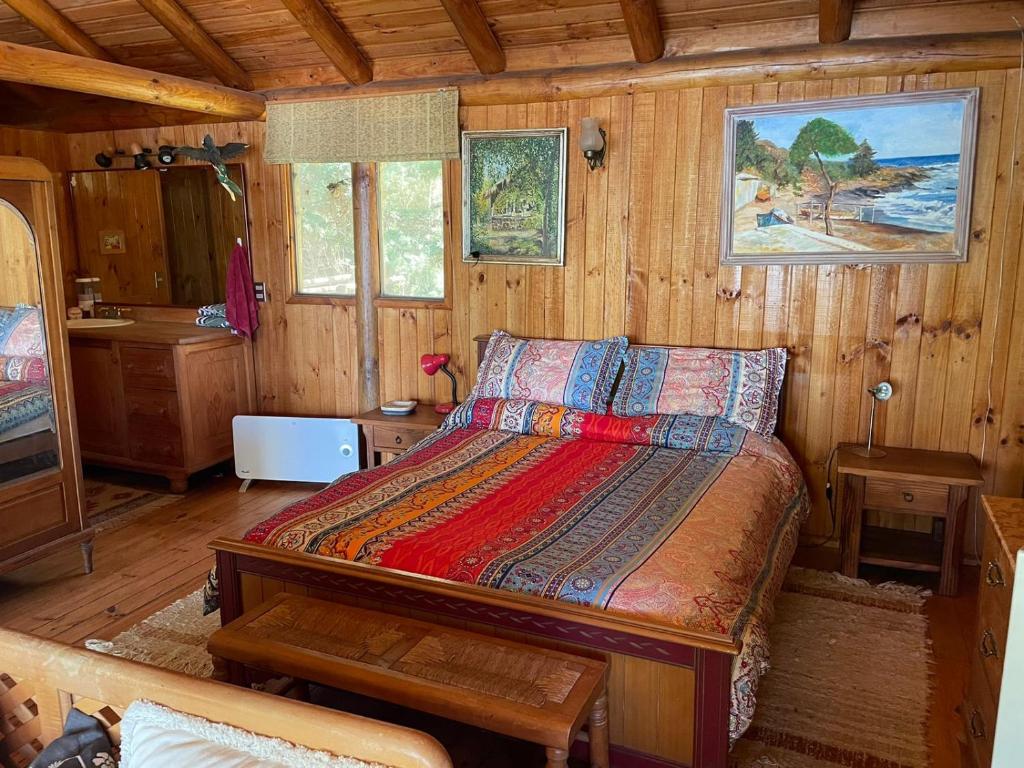 a bedroom with a bed in a wooden cabin at Maravillosa cabaña en orilla de Lago Vichuquén 