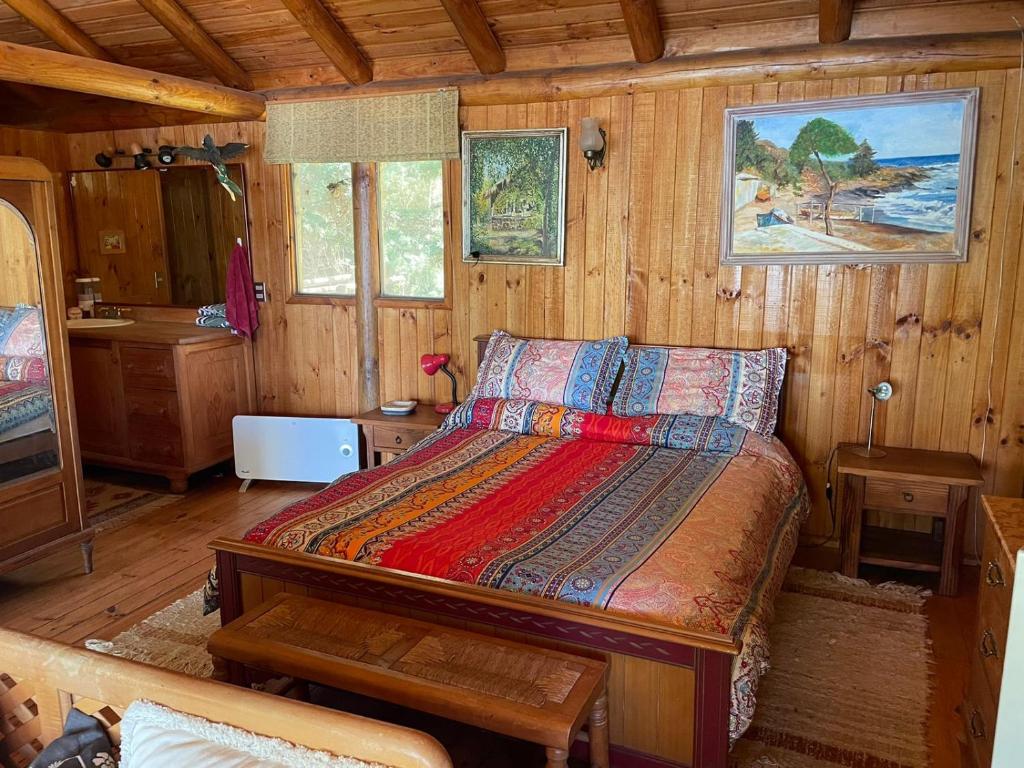 Un dormitorio con una cama en una cabaña de madera. en Cabaña Lago Vichuquén Culenmapu, en El Rodeo