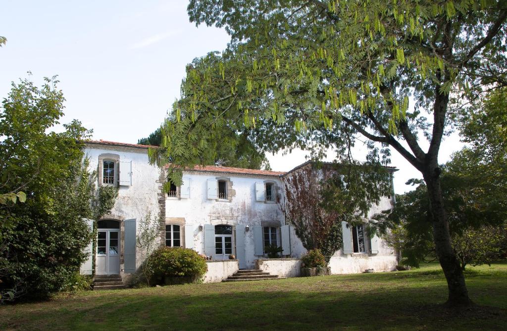 Orthevielle的住宿－LA CAVERIE DE PEYROUX A ORTHEVIELLE (40300)，前面有一棵树的白色房子