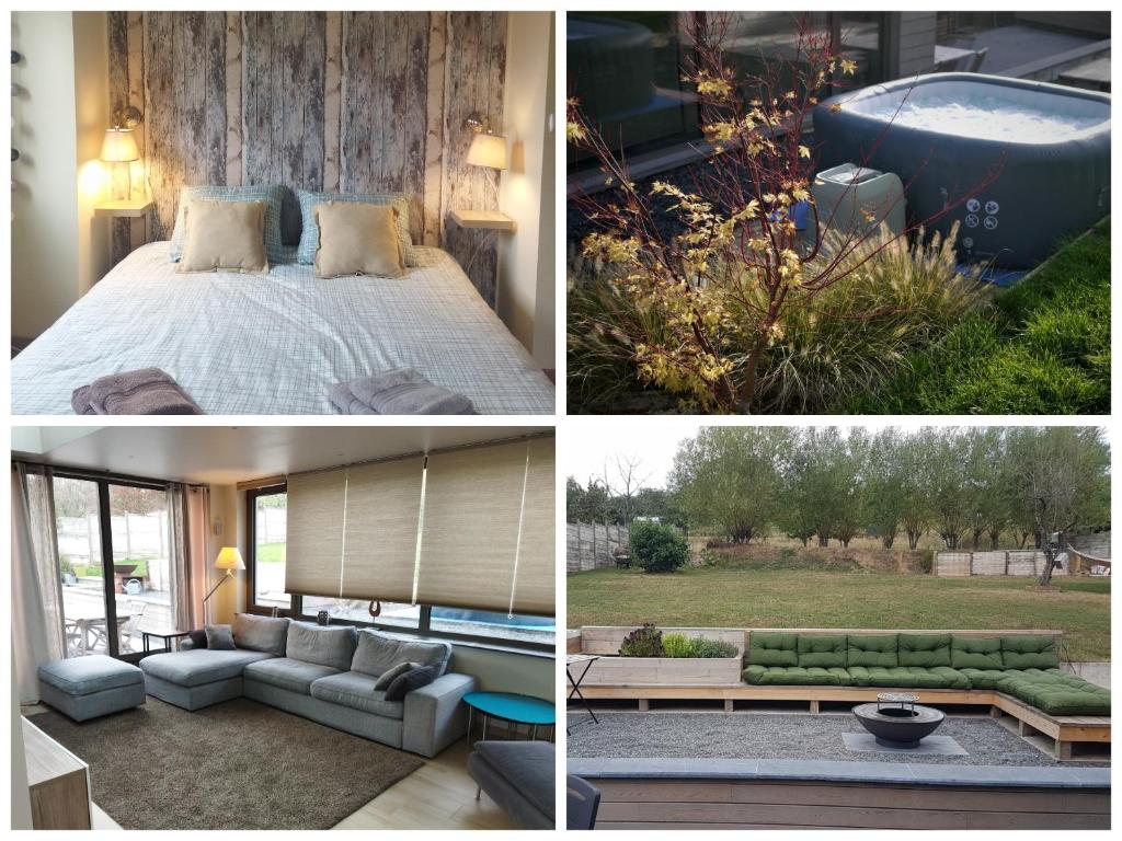 un collage de fotos de un dormitorio y una sala de estar en Rock and chill house with jacuzzi Namur Ardennes en Namur