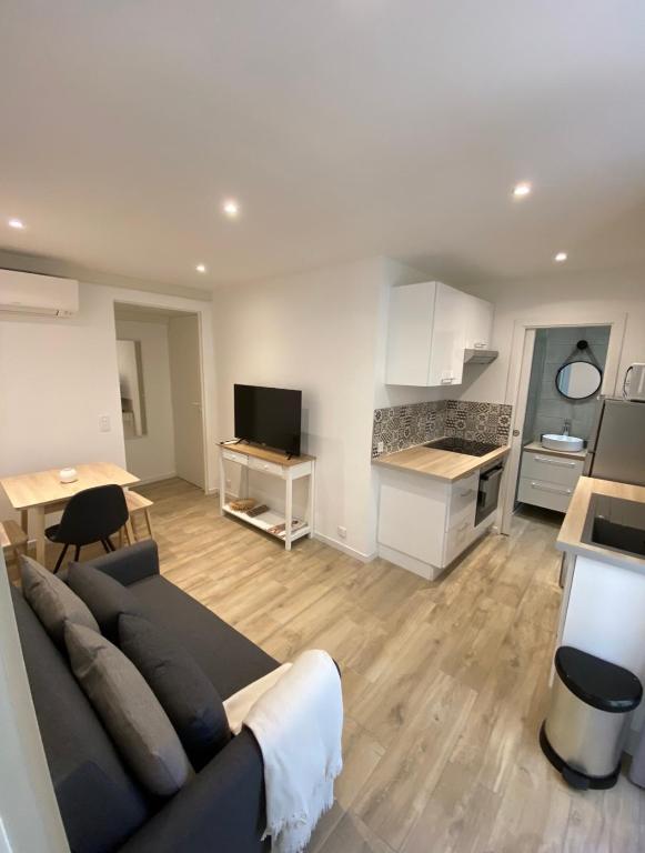 un salon avec un canapé et une cuisine dans l'établissement Le Coeur du Port de Golfe Juan - Parking - Clim - Wifi, à Vallauris