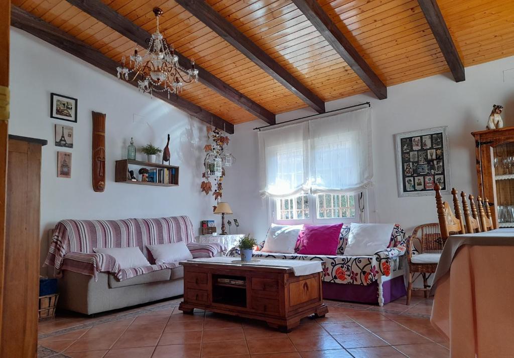 VIVENCIAS casa rural para 10 personas في Camuñas: غرفة معيشة مع كنبتين وطاولة