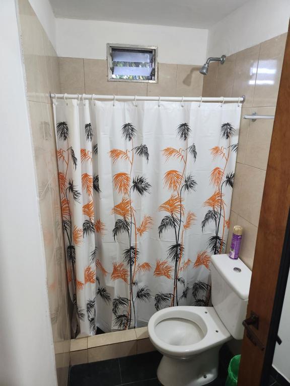 a bathroom with a shower curtain with a toilet at Lindo y cómodo dpto in Garín