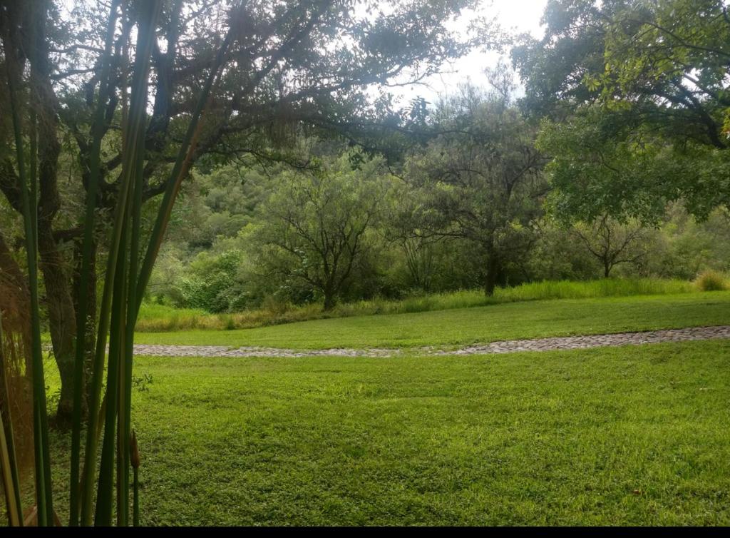 ein Grasfeld mit einem Fluss im Hintergrund in der Unterkunft Casa de campo, a 3 minutos de Africam Safari. in Puebla