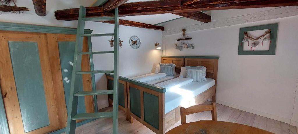 a room with a bunk bed and a ladder at Apartmány Javorek in Sněžné