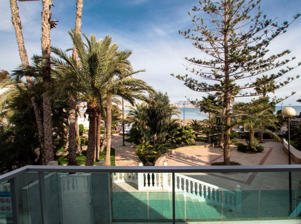 einen Blick vom Balkon eines Resorts mit Palmen in der Unterkunft Moderno y bonito apartamento en primera linea de playa de poniente in Benidorm