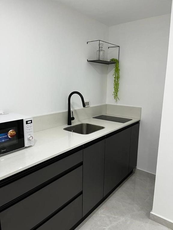 a kitchen with a sink and a microwave at מישל נופש ,צופית תחתית 6003 in Eilat