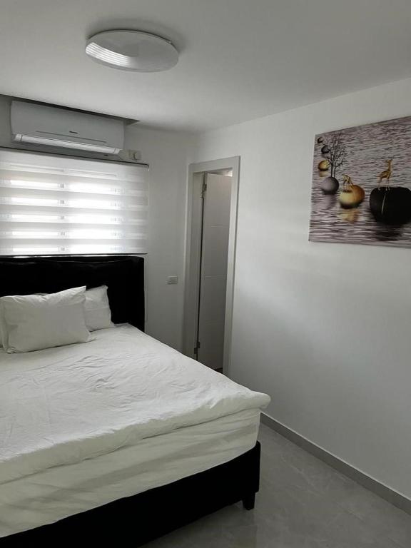 a bedroom with a white bed and a painting on the wall at מישל נופש ,צופית תחתית 6003 in Eilat