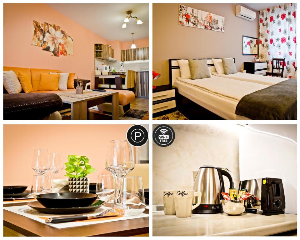 a collage of four pictures of a hotel room at Sunflower Apartment City Center in Plovdiv