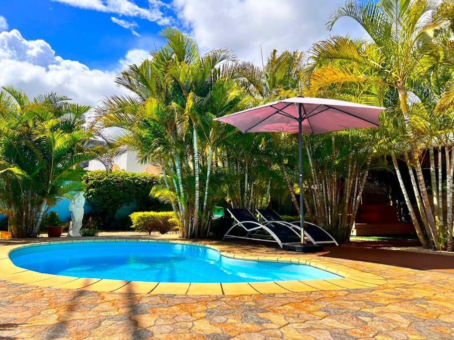 a pool with an umbrella and chairs and palm trees at Swan Valley Residence in Baie du Tombeau