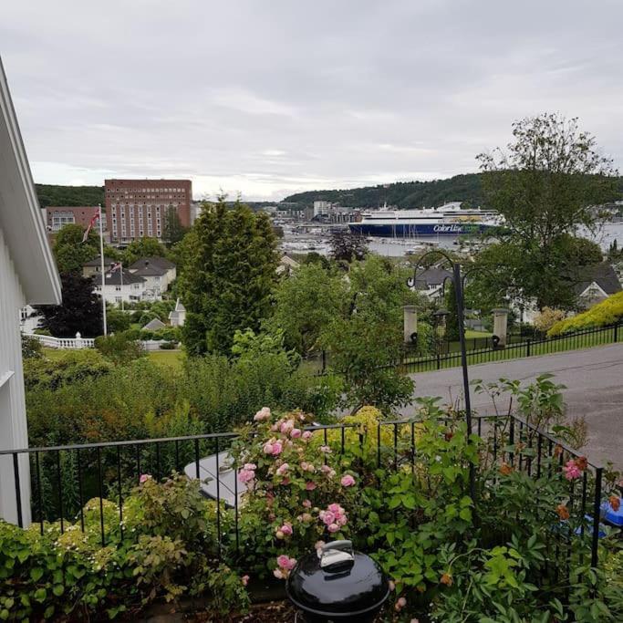 サンネフヨルにあるLys og lettstelt leilighet med utsikt over byenの花の庭園と通りのあるバルコニー