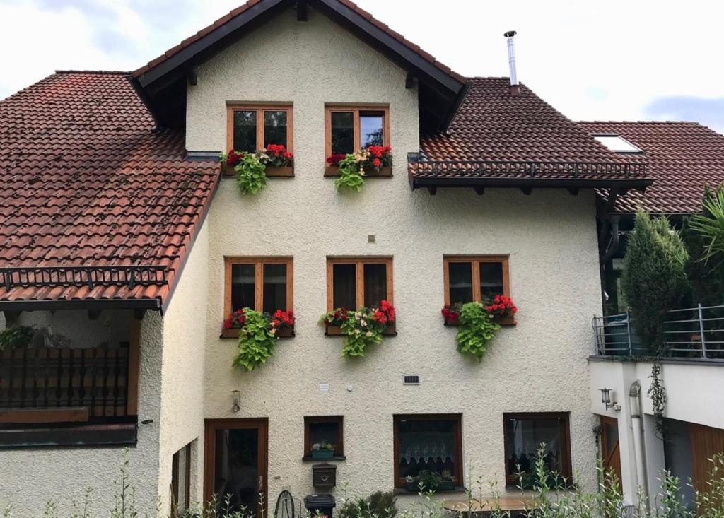 グンツェンハウゼンにあるFerienwohnung Näfeltの窓枠に赤い花を咲かせた白い家