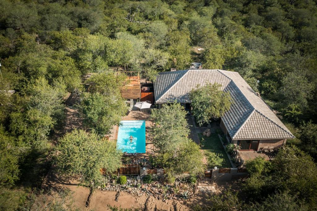 an aerial view of a house with a swimming pool at Bosveld Villa in Marloth Park