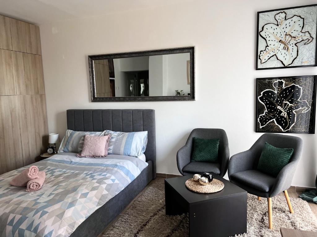 a bedroom with a bed and a chair and a mirror at Studio Apartman Lucija in Osijek