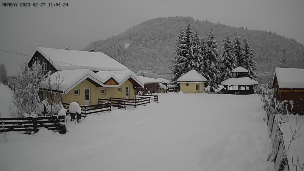 eine Gruppe von Gebäuden auf einem schneebedeckten Feld in der Unterkunft La poalele Raraului!!! in Câmpulung Moldovenesc