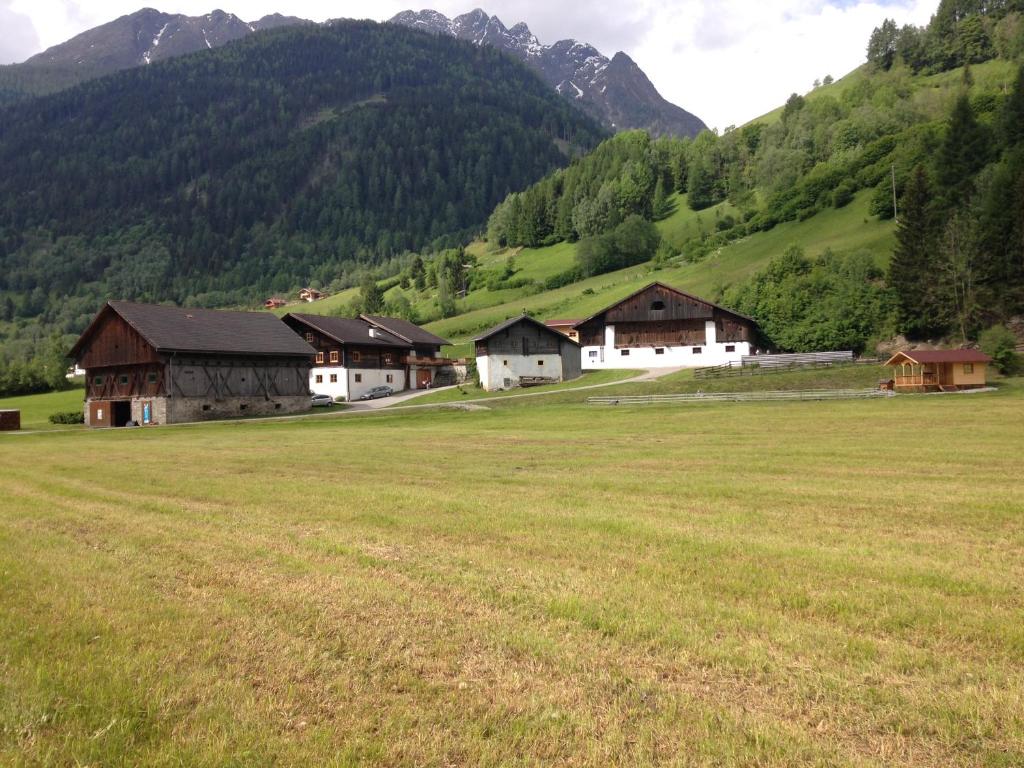 un campo de hierba con casas en las montañas en Ferienwohnung Moharblick 2, en Großkirchheim