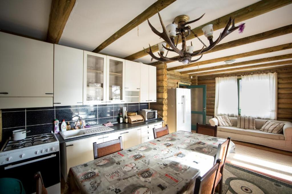 a kitchen with a table and a dining room at Cabana La Panţiru in Văleni-Stînişoara