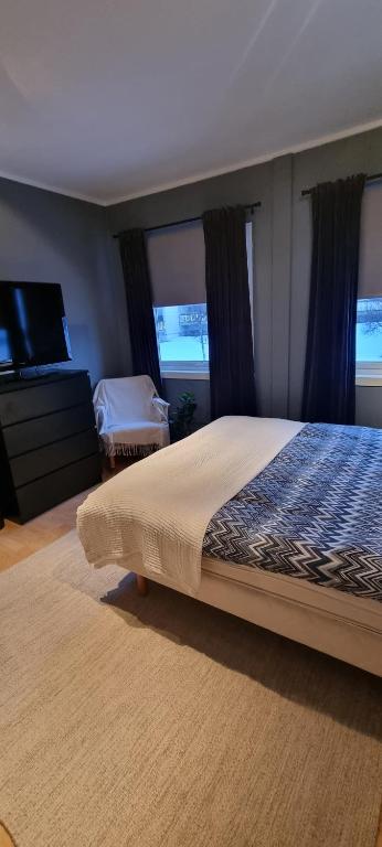 a bedroom with a bed and a tv and windows at Lund - Exellent Apartment in Tromsø