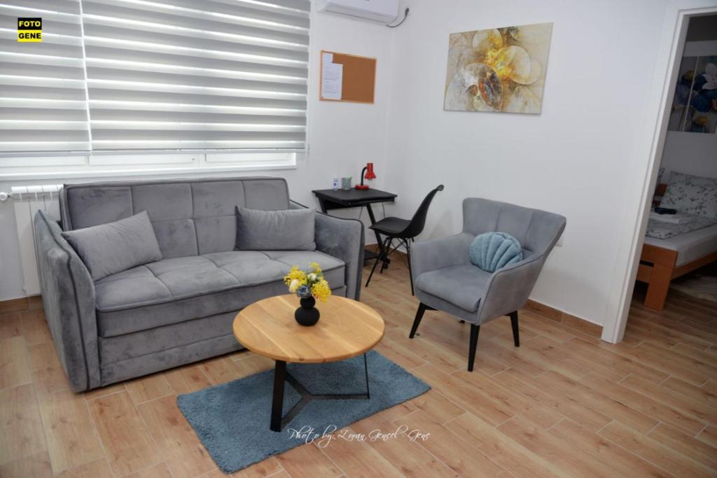 ein Wohnzimmer mit einem Sofa, 2 Stühlen und einem Tisch in der Unterkunft Apartment No 11 in Subotica