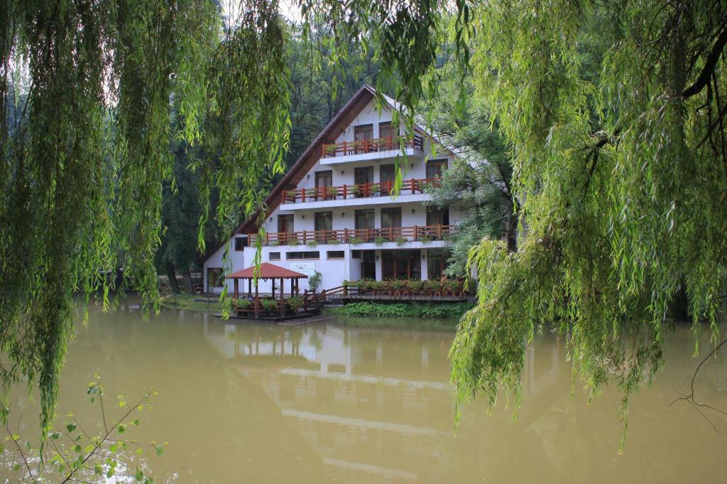 ein großes Gebäude auf einem Fluss in der Unterkunft Guest house Lacul Linistit in Moneasa