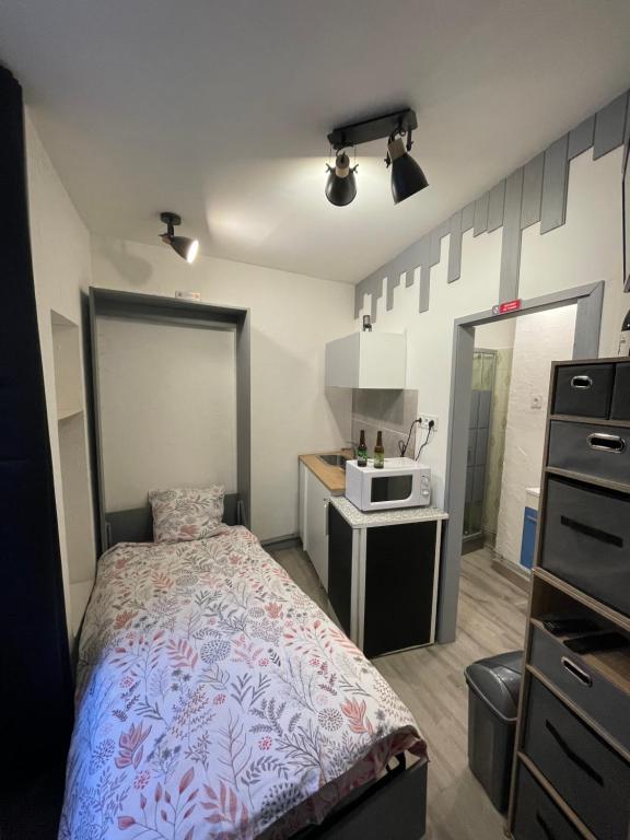 1 dormitorio pequeño con 1 cama y cocina en Ambert CentreVille La Studette tout confort, en Ambert