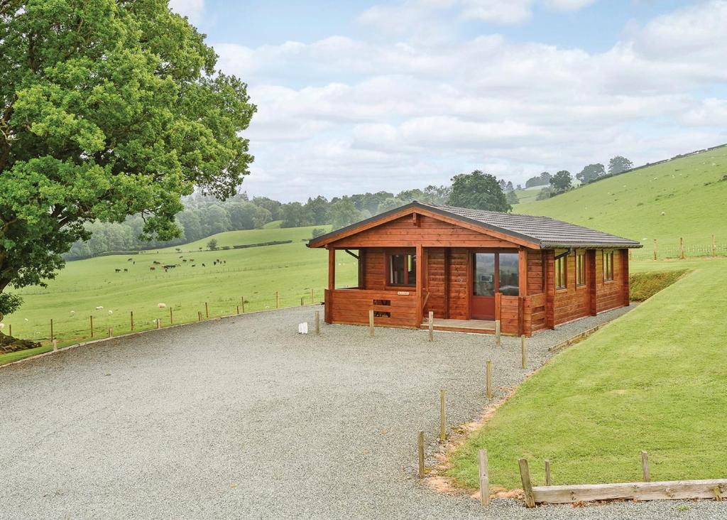 uma pequena cabana de madeira num campo com relva em Trewythen Lodges em Caersws