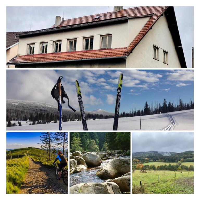 a collage of photos of a house and a man riding a bike at Hillside Strašín Šumava in Strašín