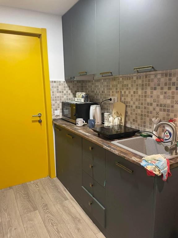 a kitchen with a sink and a yellow door at Bakuriani mix appartment 210 in Bakuriani