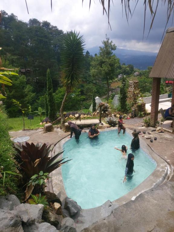 a group of people playing in a swimming pool at Villa puncak bogor Imah mang iding in Bogor