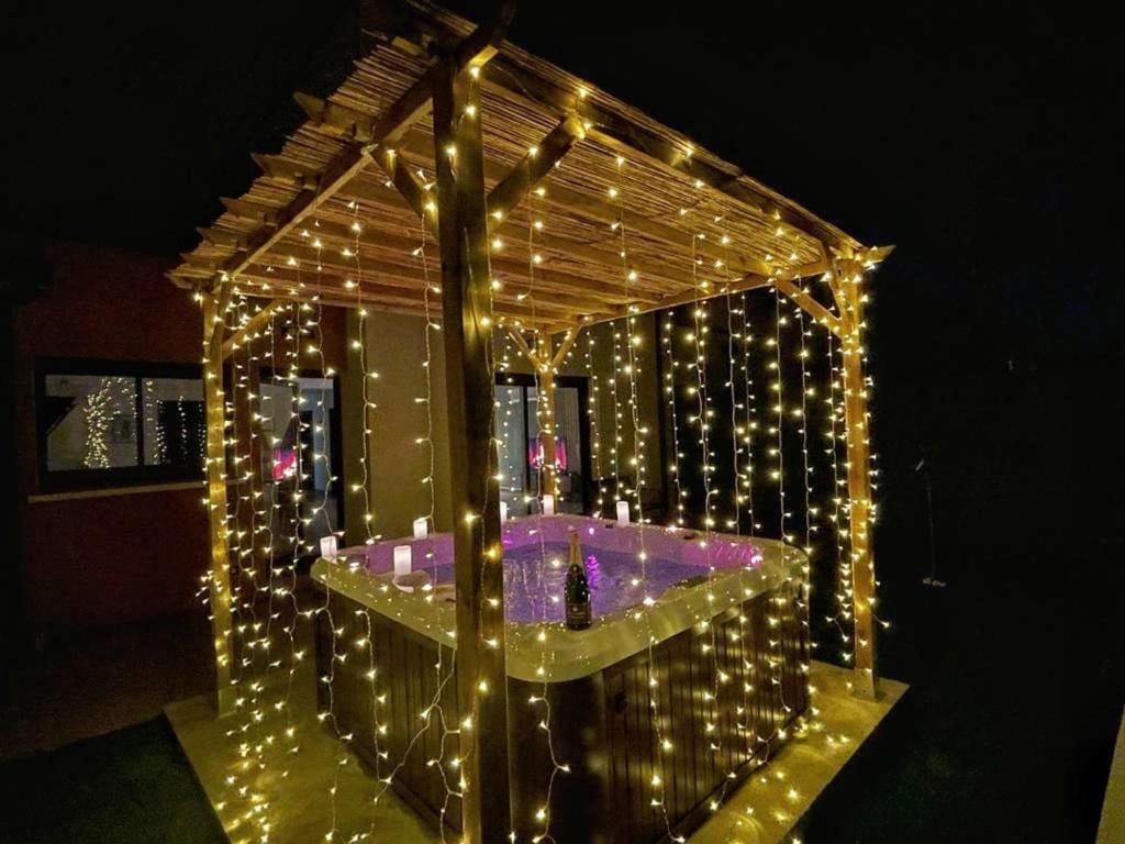 um gazebo coberto de luzes com um quarto em Le GREEN'SPA - DIJON - SPA-jardin-parking privé em Longvic