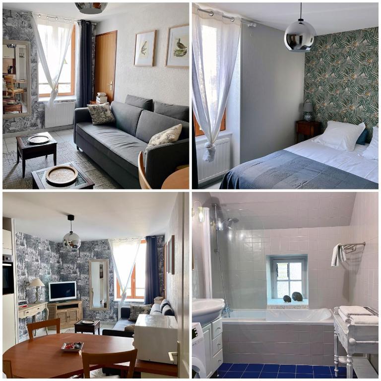 three different views of a bedroom and a living room at Résidence Ti An Amiral in Bénodet