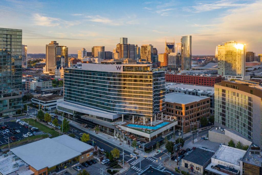 an aerial view of a city with tall buildings at W Nashville in Nashville