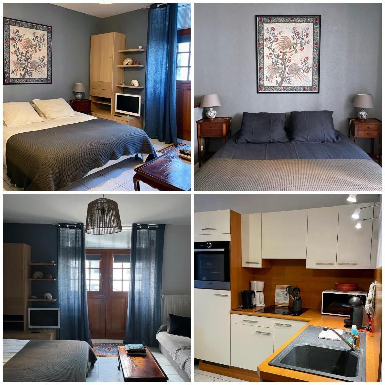 four different pictures of a bedroom and a bed at Résidence Ti An Amiral in Bénodet